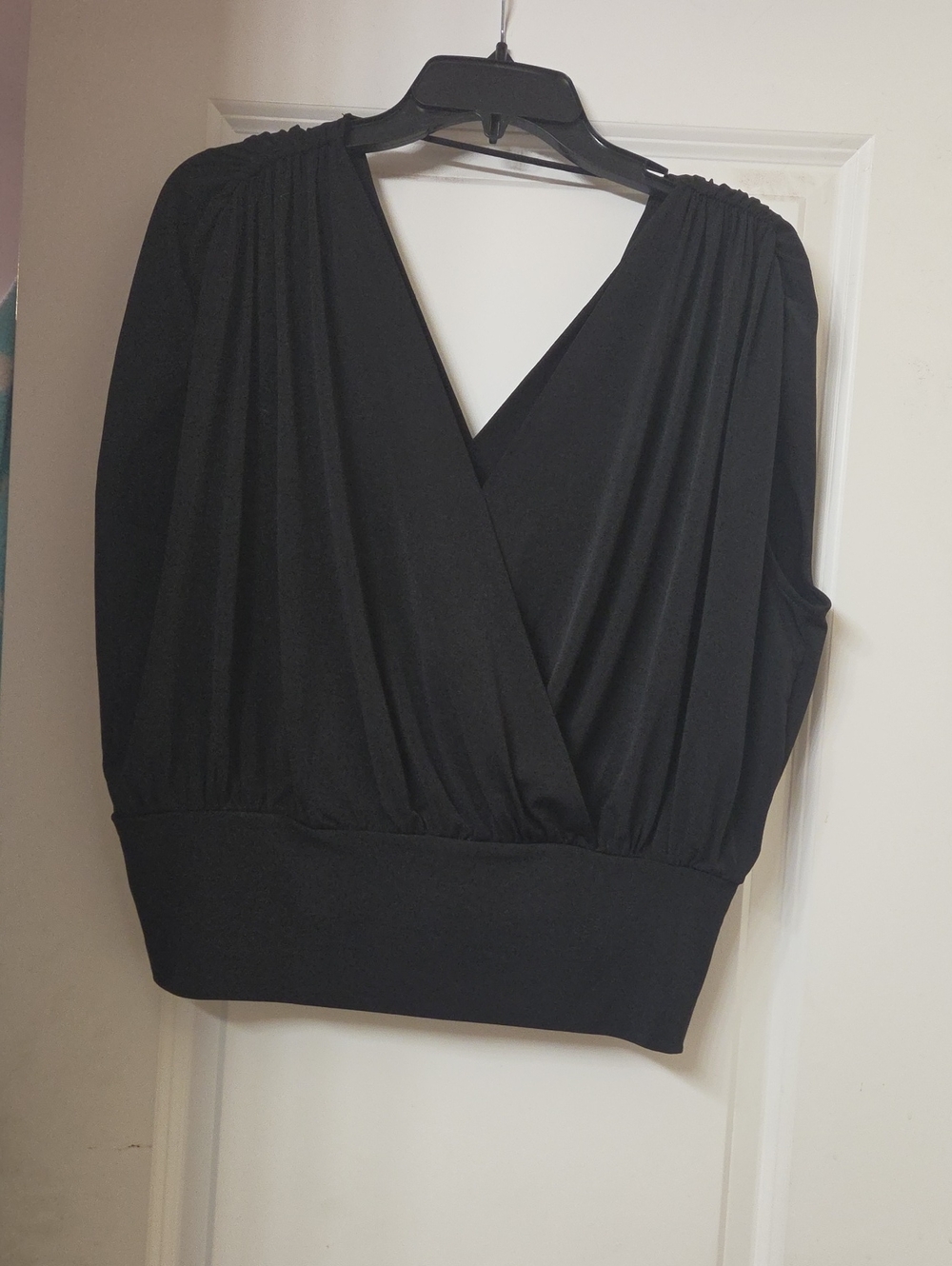INC International Concepts Black Draped Surplice Blouse